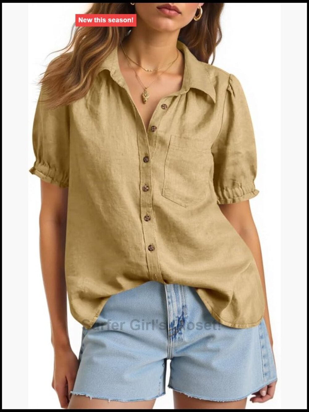 Women's Puff Sleeve V-Neck Cotton Blouse, Button Down Collared Shirt